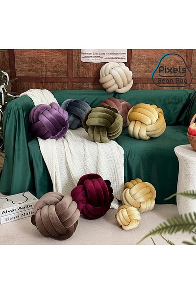 PixelsBeanBag Soft Knotted Ball Design Pixel Bean Bag Pillow, Handmade Velvet Round Decorative Pillow for Home Decor