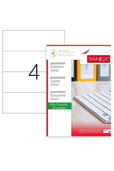 Tanex Set de 400 etichete autoadezive A4, 100 coli, 4 etichete/coală, 210x74,25 mm, colțuri drepte,