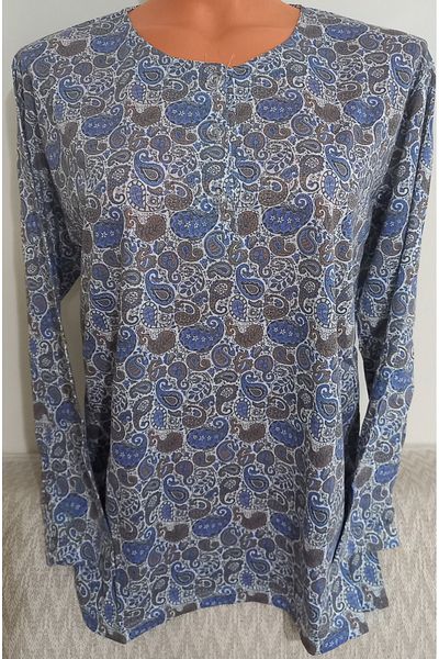 Anne Er Clothing Paper Print Combed Cotton Blouse Long-Sleeve Crew Neck 3 Button Pattern