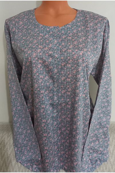 Anne Er Clothing Paper Print Combed Cotton Blouse Long-Sleeve Crew Neck Button Print
