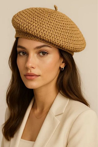 MARBERRY Camel Hand Knitted Straw Painter Women's Beret
