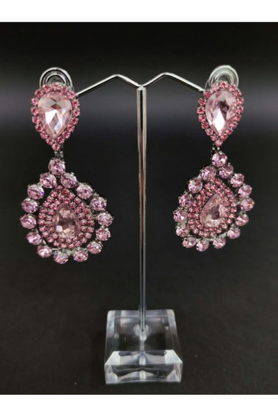 Hobigram Pembe Taşlı Gelin Kına Nişan İçin Abiye Küpe – Kadın Aksesuar Takı S...