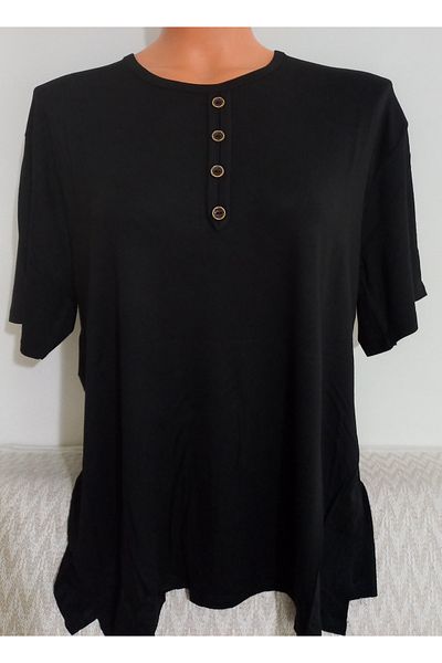 Anne Er Clothing Short-Sleeve Combed Cotton Blouse Crew Neck Black