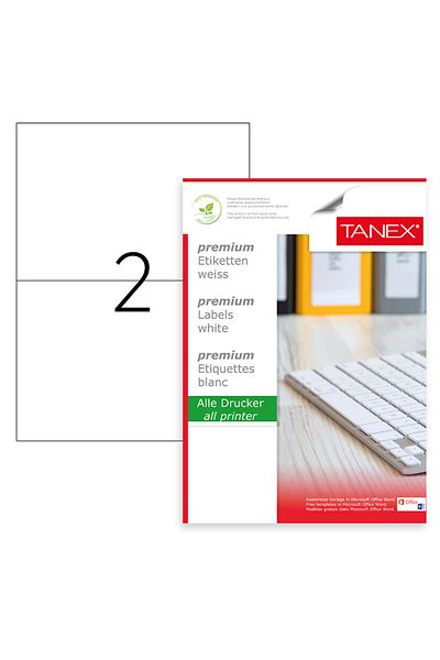 Tanex Set de 200 etichete autoadezive A4, 100 coli, 2 etichete/coală, 210x148,5 mm, colțuri drepte,