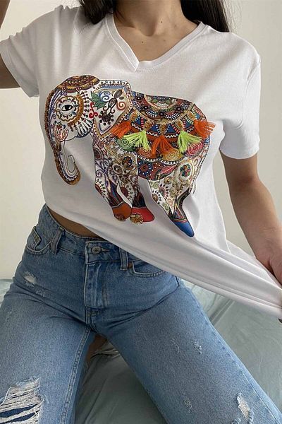 Cassime Women's White Color Elephant Embroidered 100% Cotton V-Neck T-Shirt