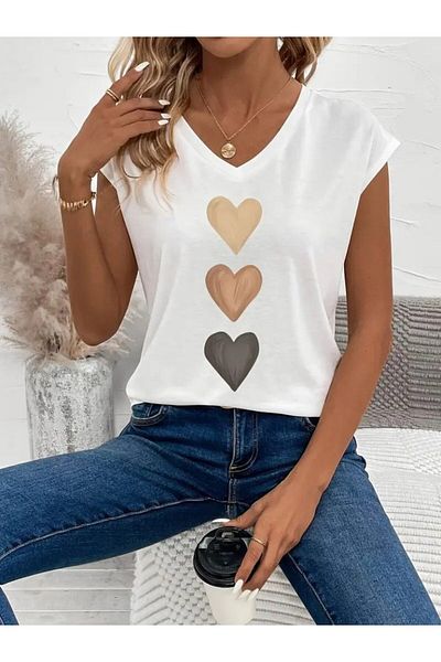 civetta Women's Short Sleeve V Neck Heart Pattern Viscose Blouse