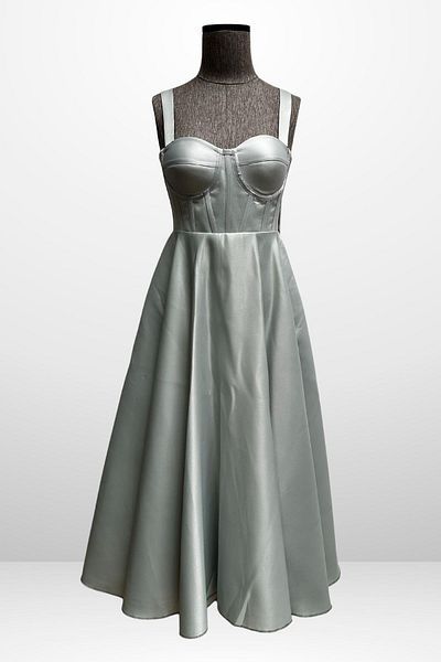 By Saygı Women's Strap Back Drawstring Corsage Satin Flared Midi Dress
