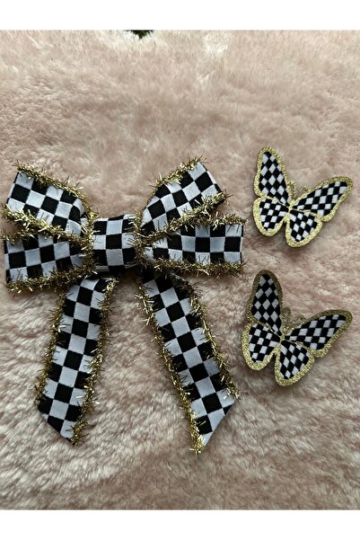 Marrone 1 adet Damalı Simli Kurdele 2 adet damalı simli kelebek