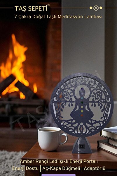 TAŞ SEPETİ 7 Çakra Doğal Taşlı Meditasyon Lambası Amber Led Işıklı Enerji Portalı Şifa Denge Spiritüel Dekor