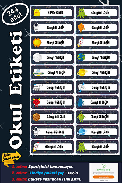 GSticker İsme Özel Okul Etiketi Kalem Defter Etiketi Sticker Kız Çocuk Uzay F...