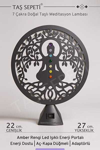TAŞ SEPETİ 7 Çakra Doğal Taşlı Meditasyon Lambası Amber Led Işıklı Enerji Portalı Şifa Denge Spiritüel Dekor