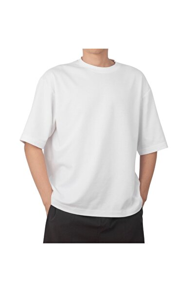 Ellit giyim Erkek Beyaz %100 Pamuk Oversize Kesim Sıfır Yaka Tişört