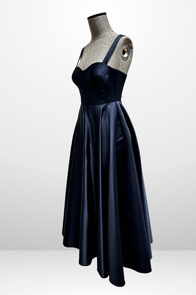 By Saygı Women's Strap Back Drawstring Corsage Satin Flared Midi Dress