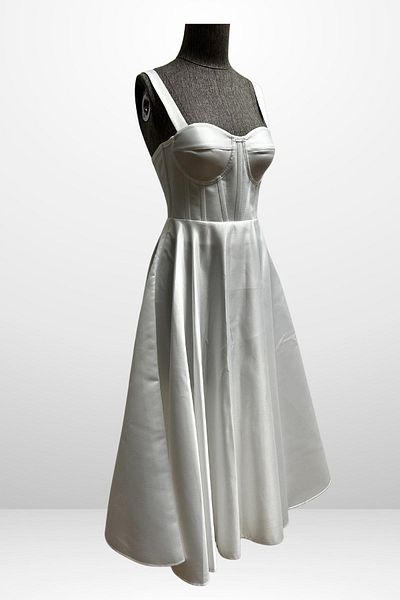 By Saygı Women's Strap Back Drawstring Corsage Satin Flared Midi Dress