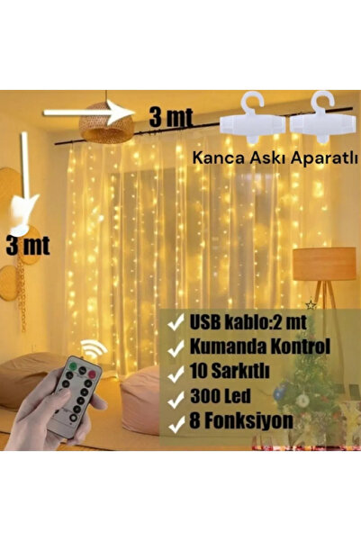 KTR TECH Kumandalı 8 Ayrı Moda Sahip 3 Mx3 M 300 Cm X 300 Cm Perde Led 10 Saçaklı Sarkıtlı 300 Led Gün Işığı