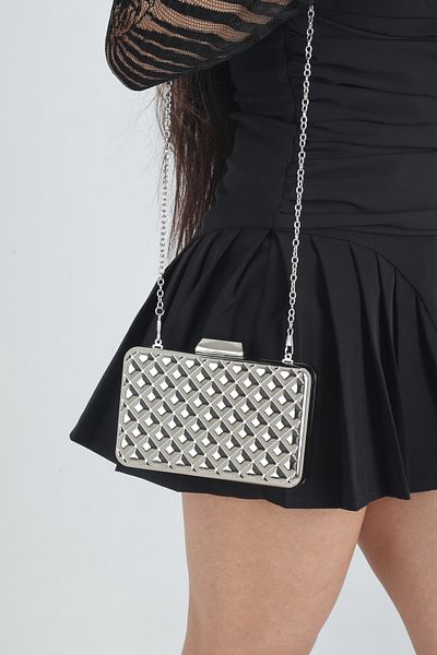 By EDUU Asymmetrical Patterned Quality Metal Hand and Shoulder Silver Evening Bag