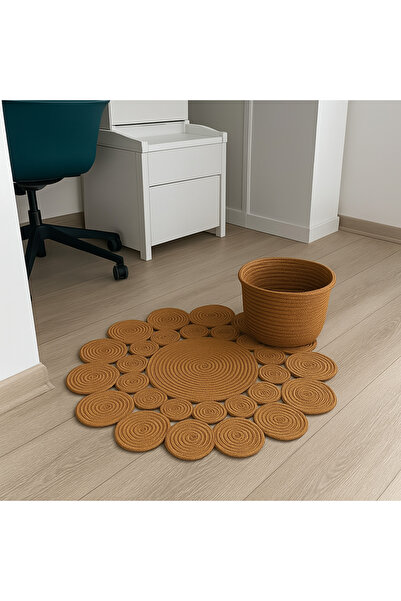 Efuliz Home Jüt-Hasır El Örgüsü Bambu(Hardal) Renk, Yuvarlak-Papatya Model, Ç...