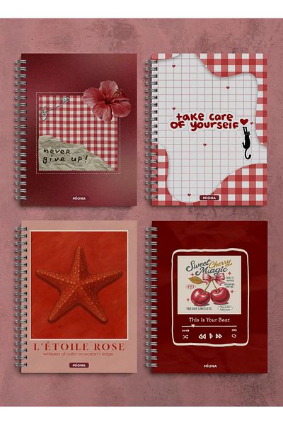 Miona A5 Spiral School Notebook 120 Sheets Set of 4 Red Themed 2 Lined - 2 Checkered Notebook, Notebook