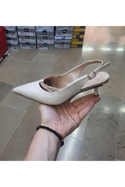 MİSS PARK MODA Women's 5 cm Thin Heel Galvanized and Stone Detailed Open Back...