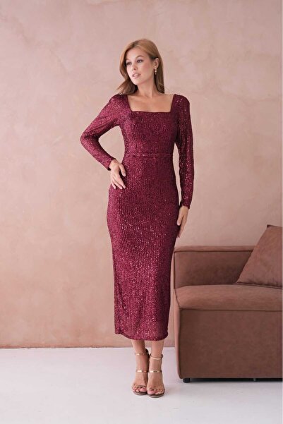 BK BOUTİQUE Kare Yaka Payetli Kalem Elbise