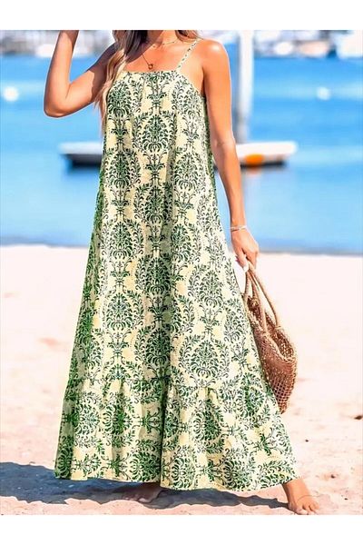 Masspera Patterned Skirt with Strap Flounce Ruffle Detail Dress