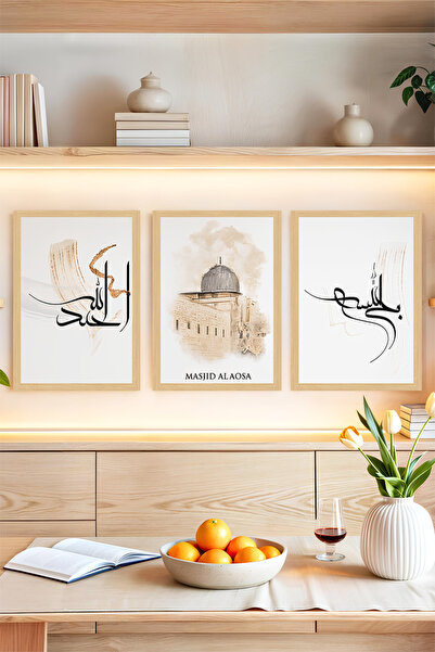 kutuTR 🌟Mescid-i Aksa ve Hat Sanatı Temalı 3’lü Çerçeve Görünümlü Tablo Seti...