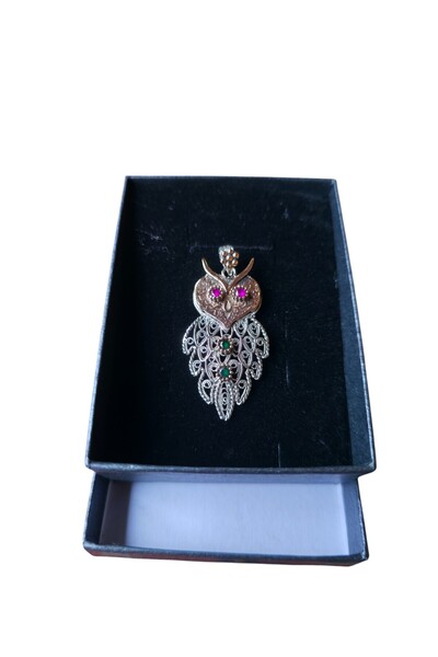 ErdoğanSilver 925 Ayar Gümüş Telkari Baykuş Figürlü Doğal Taşlı Kolye Ucu – E...