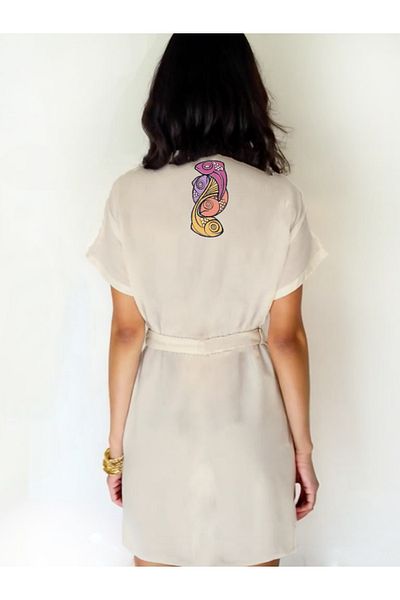 Kidilia Graphic Purple Fish Visual Ecru Color Low Sleeve Muslin Kimono