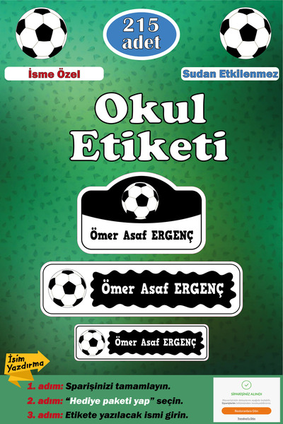 GSticker İsme Özel Okul Etiketi Kalem Defter Etiketi Sticker Çocuk Futbol Siy...