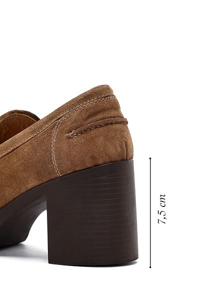 Derimod Women's Tan Thick Heeled Suede Leather Masculine Loafer 25Afd510610
