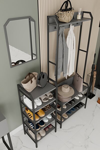 Remaks PLÜTON Portmanto Askılık Vestiyer Konfeksiyon Askısı Ayakkabılık Dolabı-ANTRASİT