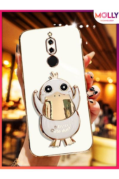 Molly حافظة لهاتف Huawei MATE 10 LITE باللون الأبيض اللؤلؤي مع حامل على شكل بطة لطيف وحواف ذهبية مفصلة من السيليكون الفاخر