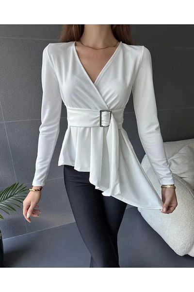 Silerra Women's Double Breasted Collar Belt Detail Asymmetrical Cut Blouse