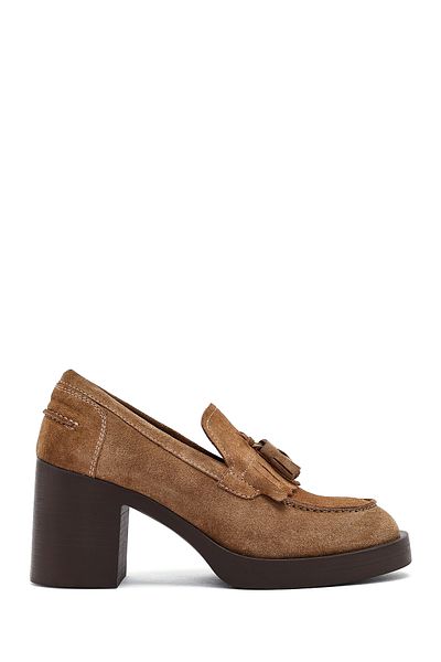 Derimod Women's Tan Thick Heeled Suede Leather Masculine Loafer 25Afd510610