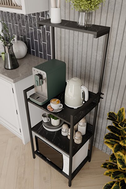 Remaks HEYBELİ Mutfak Standı Raflı Kahve Köşesi Mutfak Rafı Mutfak Bango-SİYAH MERMER DESEN