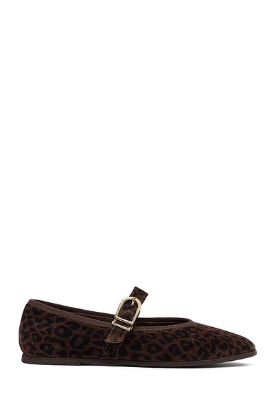 Derimod Women's Brown Leopard Patterned Buckle Suede Leather Ballerinas 25Afd201510