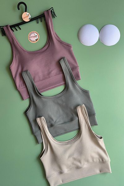 Elosia Zaphir |   3-Piece Green, Plum, Cream Pad Camisole Fabric Sports Bra Half Undershirt