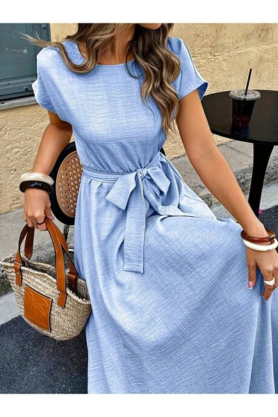MODAVERA Women's Short Sleeve Boat Neck Aerobin Dress with Belt at Waist