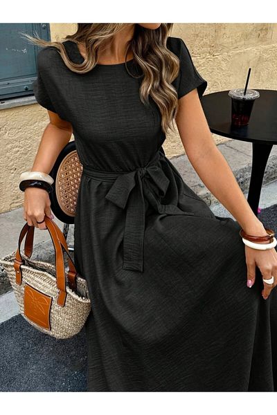 MODAVERA Women's Short Sleeve Boat Neck Aerobin Dress with Belt at Waist
