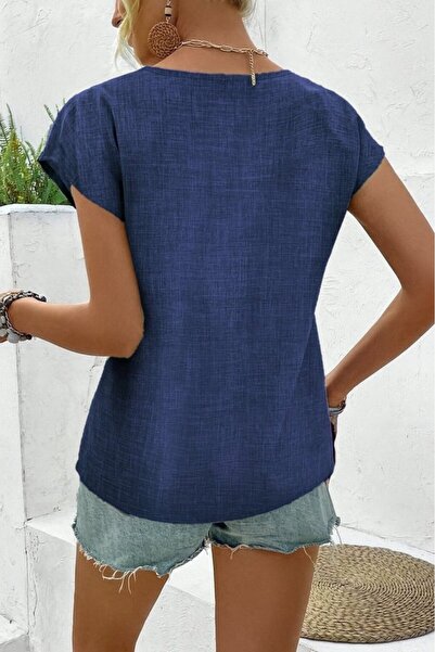 buğrahayalin Women's Short Sleeve V Neck Buttoned Linen Blouse