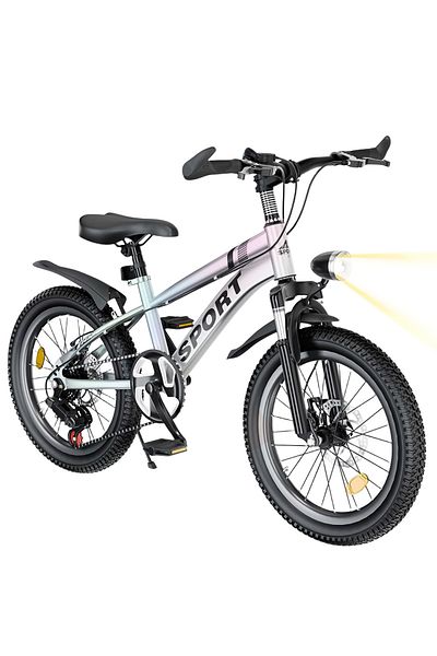 KidLe 22 Inch Mountain Bike for Kids, Dual Disc Brakes 7-Speed Gears with LED Headligh, for Age 8-12