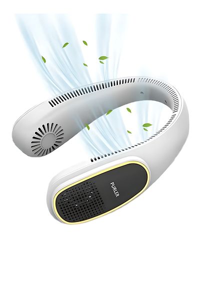 COOYA مروحة رقبة محمولة، تنقية الأيونات السالبة، شاشة LED، للاستخدام في المكتب والسفر في الهواء الطلق (أبيض)