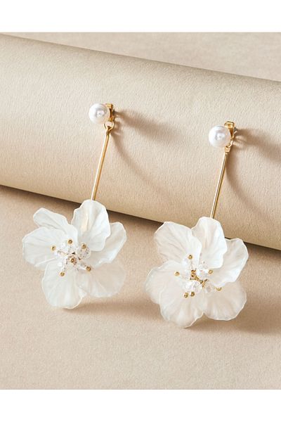 SYGGY Peony earrings, white flower pattern, 10 cm