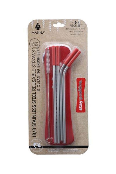 manna 6-Piece Reusable Stainless Steel Straw with Tips and Cleaner Brush Travel Kit