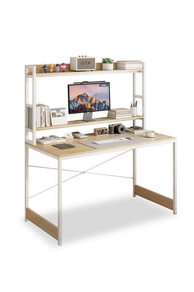 Sheinhome Study Desk with Adjustable Bookshelf Home Office Workstation with Storage