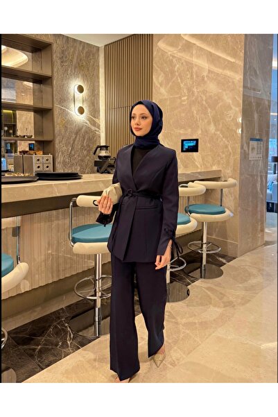 BURKAY Costum elegant cu centură neagră - Combinație dublă de jachetă și pantaloni