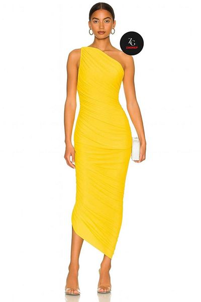 Zagrep Women's Yellow One Shoulder Draped Gathered Lined Zipper Midi Dress