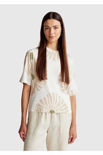 United Colors of Benetton Women's Cream Linen Blend Boxy Fit Floral Print T-Shirt