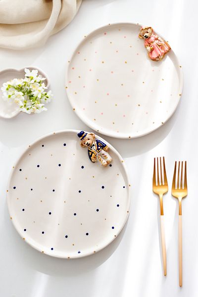 SİNEM YAMAN HOME Pink Dark Blue Bear 2-Piece Ceramic Plate Set / Ceramic 20 cm 2-Piece Plate Set
