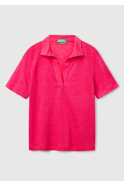 United Colors of Benetton Women's Fuchsia 100% Linen Polo Neck T-Shirt